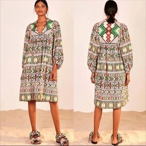 NWT $250 Farm Rio Amulet long sleeve beaded tassel midi dress